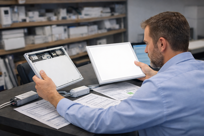 Commercial lighting buyer comparing OEM custom sample and ODM standard product while reviewing drivers, specifications, and compliance files